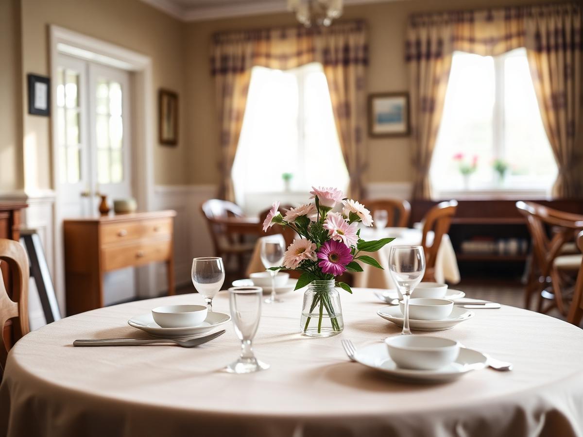 A warm dining room set with fresh flowers.