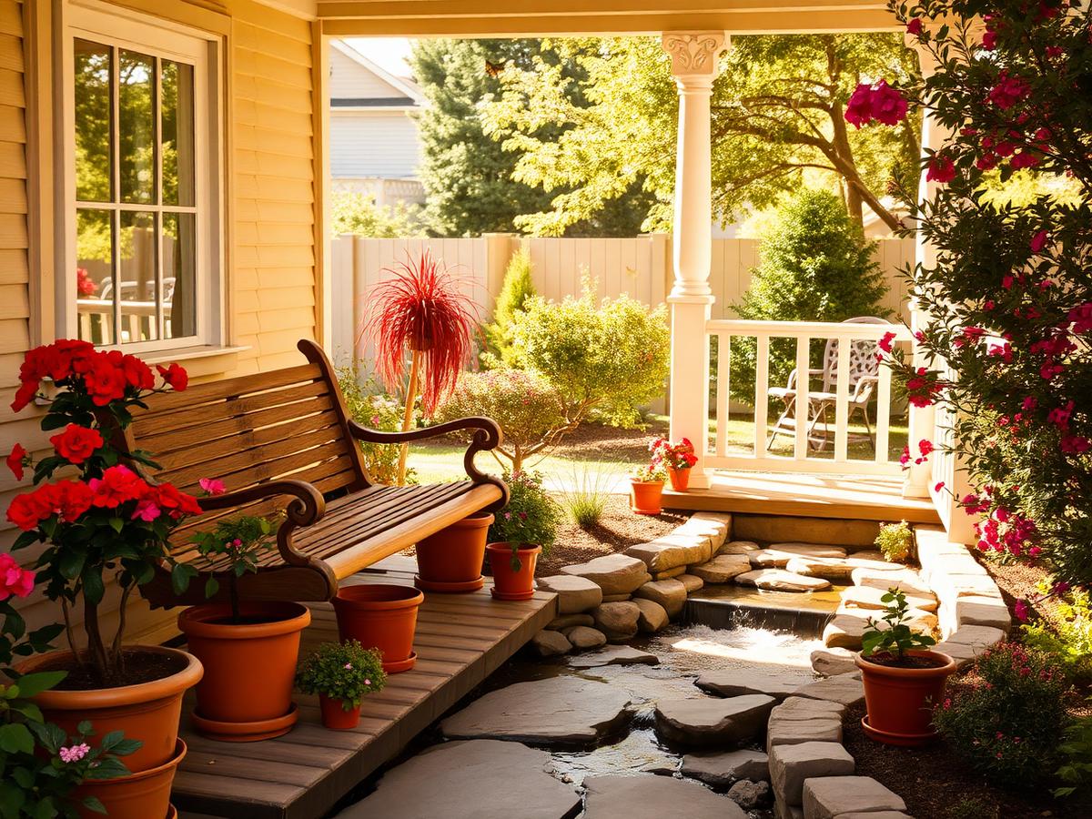 The garden porch with roses, brook, and porch swing.