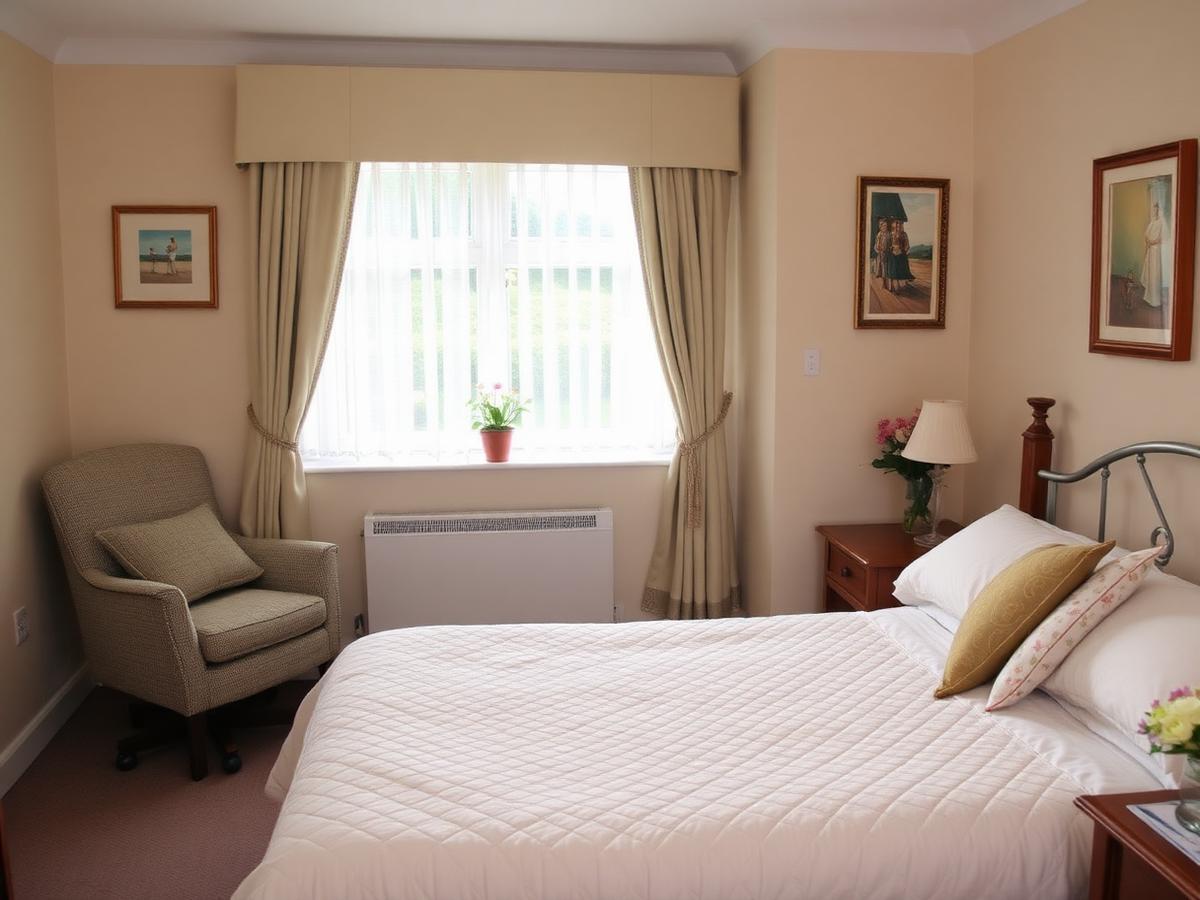 A bright, homey resident bedroom.