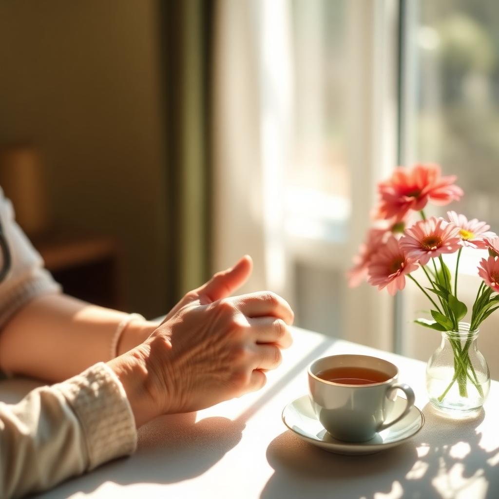 A caregiver's hands gently holding a resident's hands at a sunlit table.