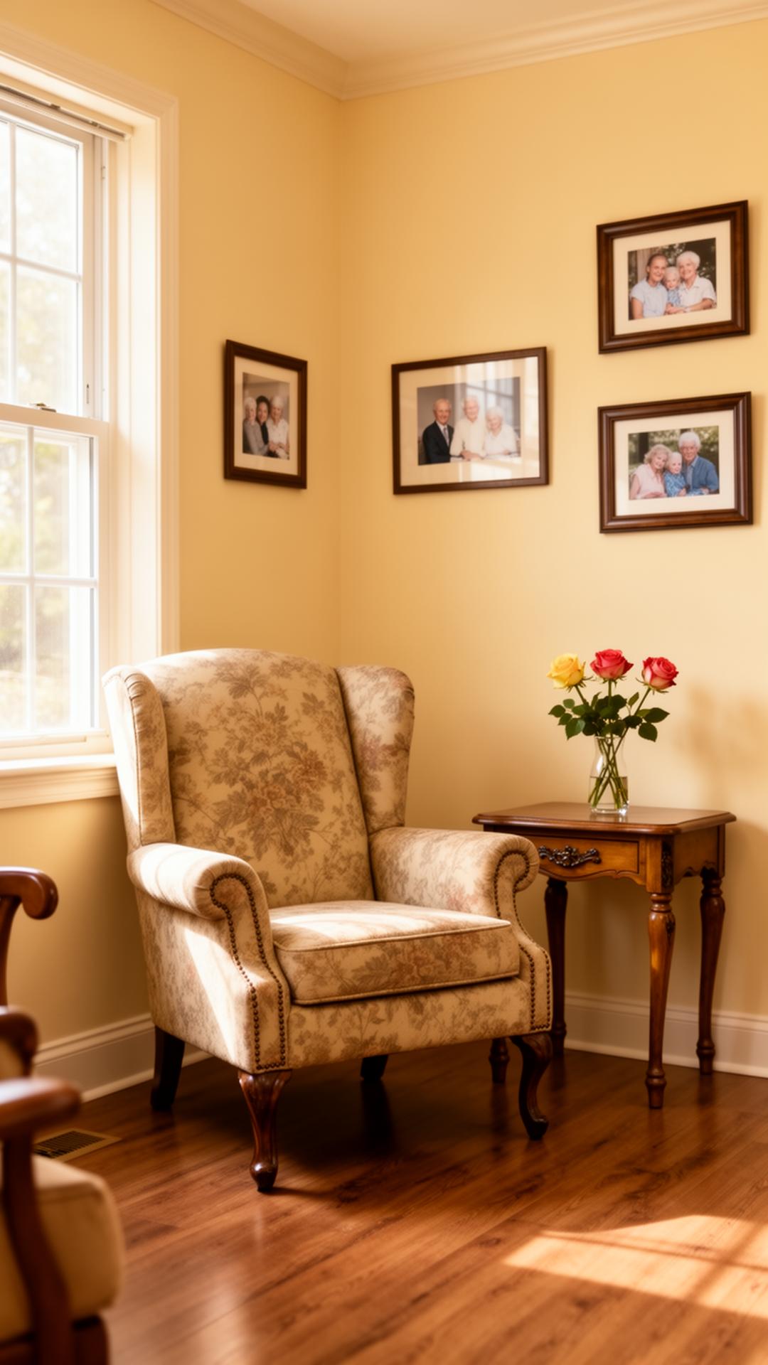 A warm corner of North Lake Villas with family photos and fresh roses.